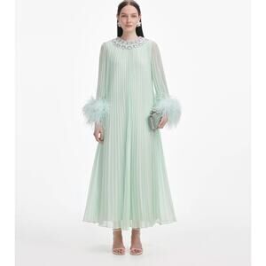 Self-Portrait Green Chiffon Feather Midi Dress